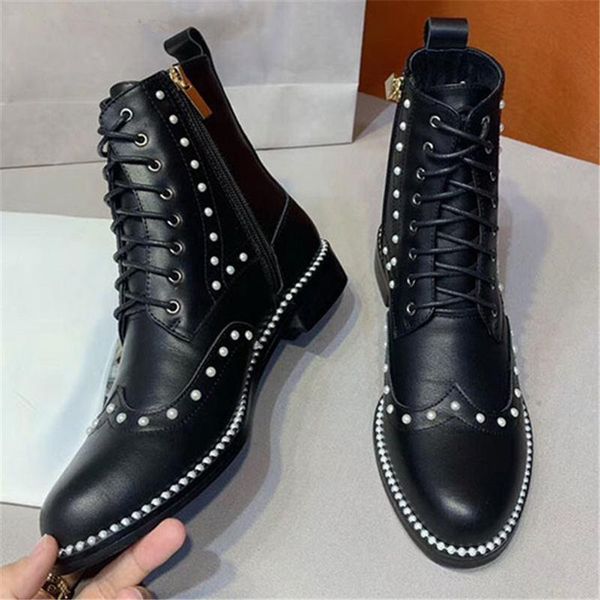 

boots botines mujer short punk black cowgirl ankle for woman round toe studded pearls flat gothic shoes lace up bota