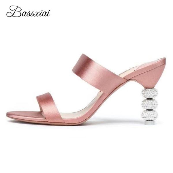 

unique beading crystal heel summer sandals women luxury satin one-strap open toe high heels party sandalias mujer, Black