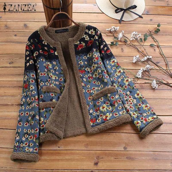 

plus size zanzea women floral printed long sleeve coats vintage outwear winter open front plush fluffy jackets autumn chaqueta1, Black;brown