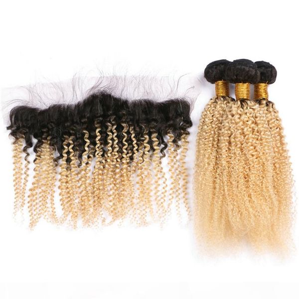 

kinky curly #1b 613 dark root blonde ombre 13x4 full lace frontal closure with 3bundles peruvian ombre virgin human hair weaves 4pcs lot, Black;brown