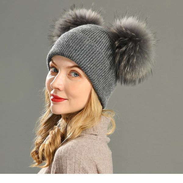 

big fur ball hat female fur pom poms spring hats for women wool knitted bea qylpus