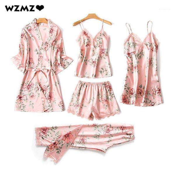

5 pcs pajamas set with chest pads nightdress polyester women pajamas silk nightgrown summer lace patchwork robe sleepwear1, Black;red