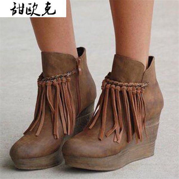 

boots 2021 winter women ankle fashion tassel wedges warm zipper for shoes botas mujer, Black