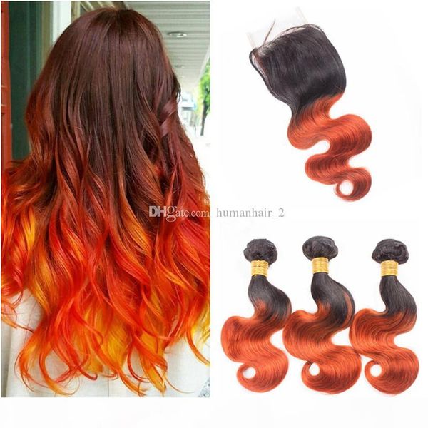 

pre-colored ombre color t1b orange brazilian body wave 3 bundles with lace closure remy 100% human hair extensions ing, Black;brown