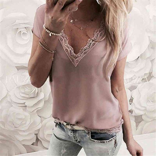 

women short sleeve blouses and ladies summer v neck lace patchwork solid loose blusa chiffon blouses clothing, White