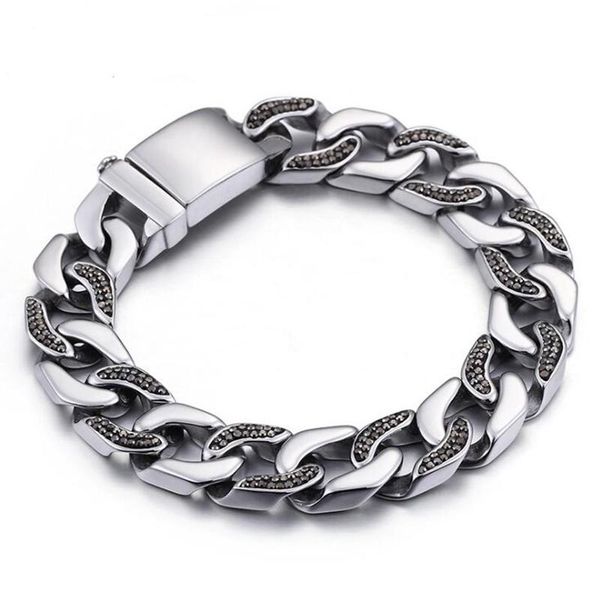 

punk rock curb cuban link bracelet chain mens boys rhinestones hiphop 316l stainless steel biker bracelets silver color 14mm, Black