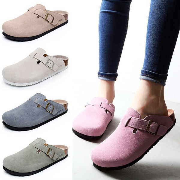 

elling new summer beach cork mules slippers for women 2022 buckle genuine leather closed toe men outside slide slip on shoes size 35-46 desi, Black