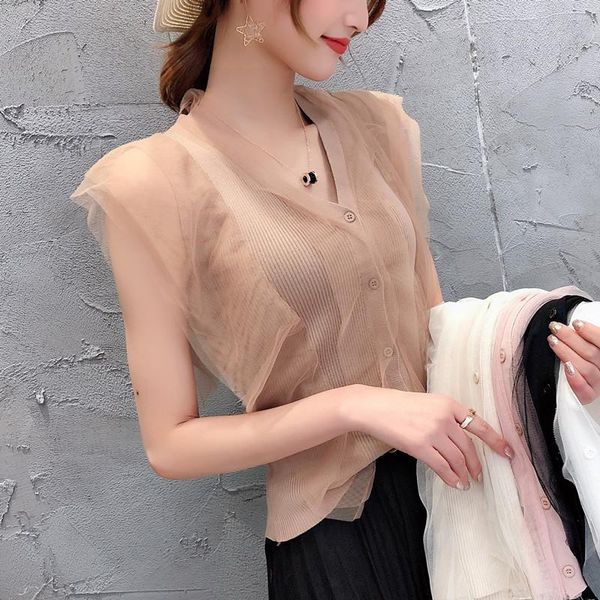 

new summer women mesh t shirt sleeveless v neck lace knitted patchwork tees female korean t-shirt chic knit cardigan shirts, White