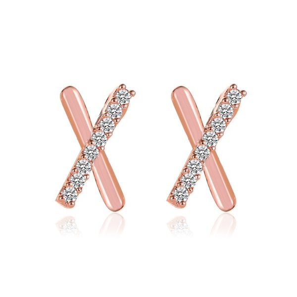 

20pairs/lot european simple cross stud earrings with diamond copper rose gold ear jewelry for women daily decoration fashion earring, Golden;silver