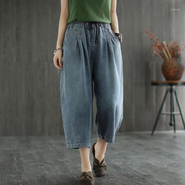 

johnature 2020 summer new women all-match pockets elastic waist denim wide leg pants leisure loose comfortable calf-length pants1, Blue