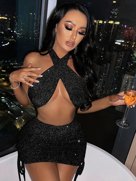

cut out drawstring side backless knot glitter bodycon dress r4gy#, Black;gray