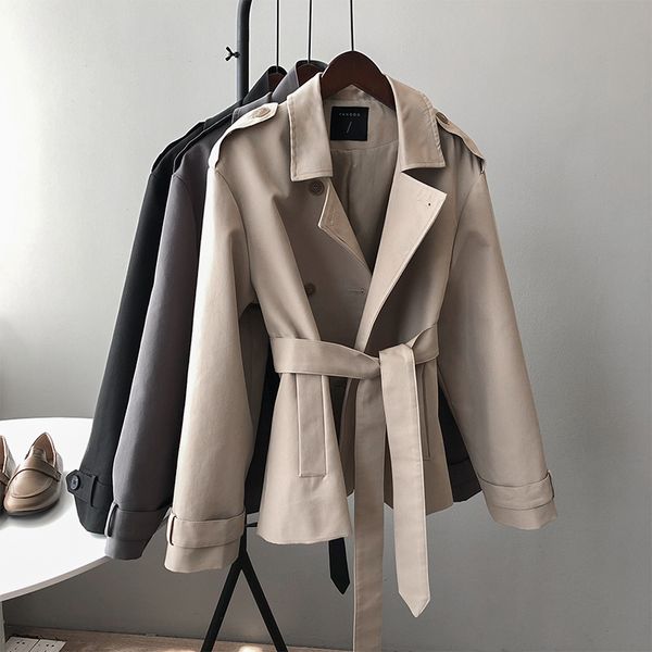 

trench women elegant korean harajuku leisure coats womens trendy vintage students streetwear adjustable waist pockets turtleneck 1031, Tan;black