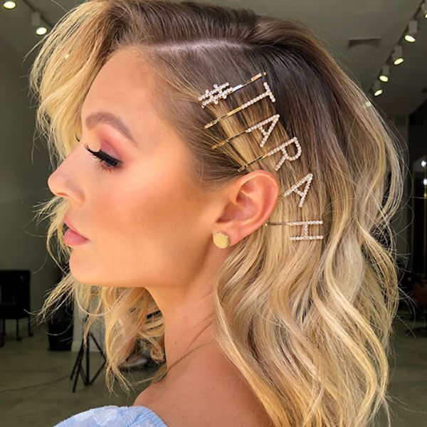 

crystal custom hair clip word letter for women elegant metal bobby pins rhinestone hair clips letters hair jewelry diy, Golden;silver