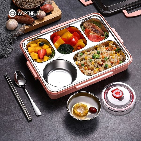 

worthbuy japanese lunch box for kids 18/8 stainless steel bento with compartments tableware kitchen food storage container 220314