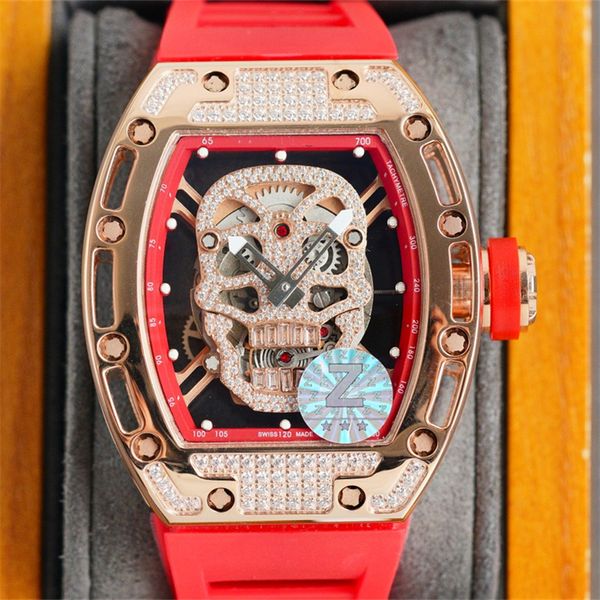 

052 montre de luxe mens watches 43x50mm manual mechanical machine movement stainless steel case rubber watchband hollow skull wristwatches d, Slivery;brown