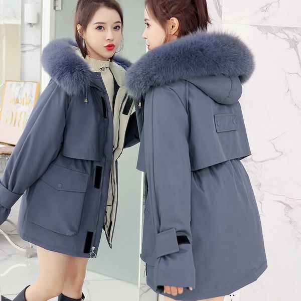 

winter down cotton jacket 2020 new plus size women's mid-length large fur collar padded coat, Black