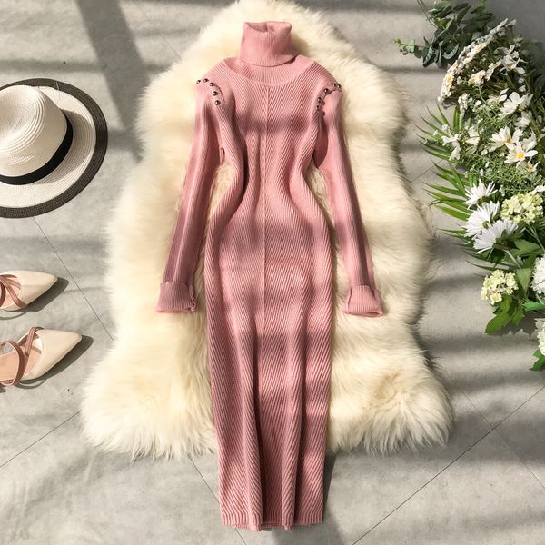 

новые моды для женщин '' s водолазка с длинным рукавом сплошной цвет bodycon туники заклепки лоскутное вязаный свитер длинное платье зима ка, Black;gray
