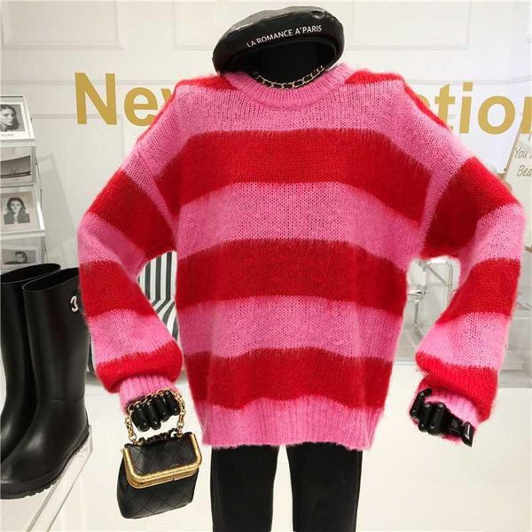 

round neck long sleeve pullover color striped sweater women's autumn/winter 2020 new loose versatile casual, White;black