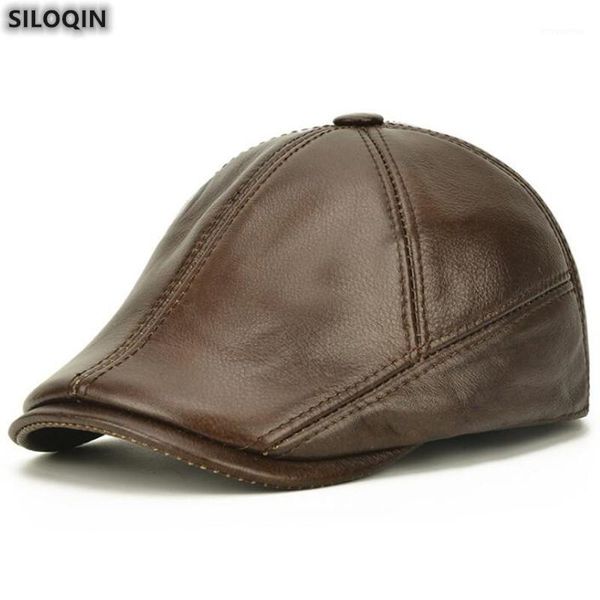 

siloqin new genuine leather hat men's winter fashion cowhide thermal berets thicken adjustable size ear protection snapback cap1, Blue;gray