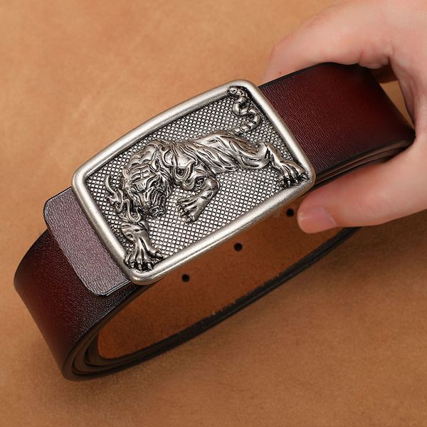 

men belt punk rock metal gold tiger animal buckle belt genuine leather cowskin cowhide plus size 105 110 120 130cm 140cm 150cm, Black;brown
