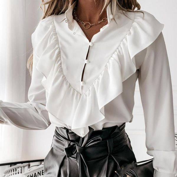 

elegant woman ruffled white blouse casual dot print v-neck pullover button shirt fashion women long sleeve polka dot office