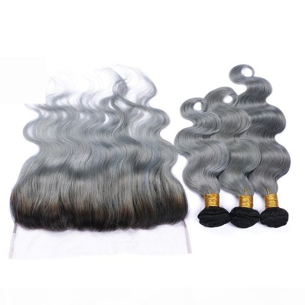 

9a 3 bundles ombre peruvian human hair with 13*4 frontal body wave 1b grey ombre 13x4 lace frontal closure with weaves 4pcs lot, Black;brown