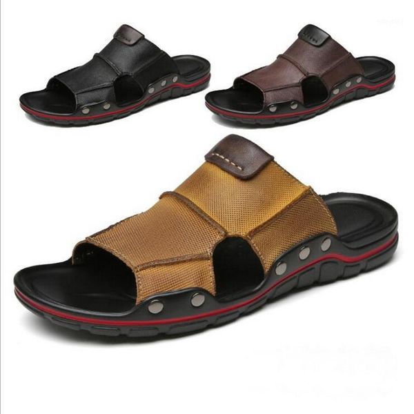 

summer men's slides soft leather slippers breathable non-slip beach shoes men's slippers outdoor leisure1, Black