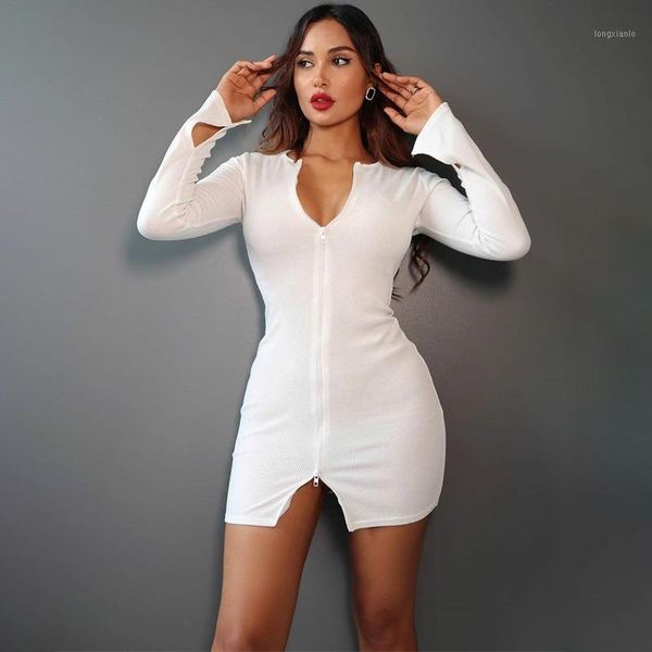 

women 2020 autumn zipper down knitted dress fashion solid color long sleeved v-neck bodycon mini dress clubwear knittwear1, Black;gray