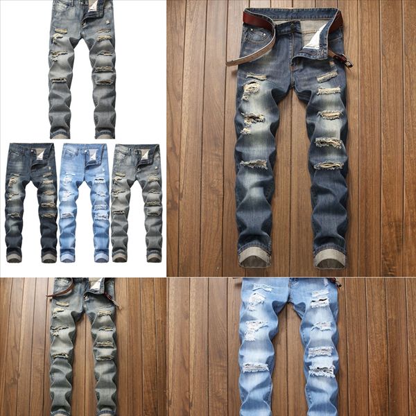 

ebogf shujin fashion streetwear mens jeans destroyed blue wash jean man stretch ripped design hole pencil pants ankle skinny men length, Black