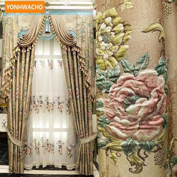 

custom curtains european luxury american pastoral jacquard embroidered coffee cloth blackout curtain tulle valance drape n752