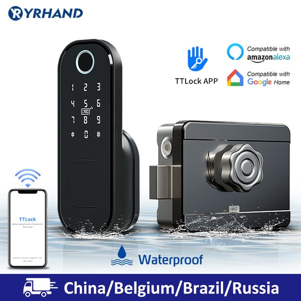 

no wiring waterproof wifi fingerprint rim lock smart card digital code electronic door lock for home security mortise lock 201013