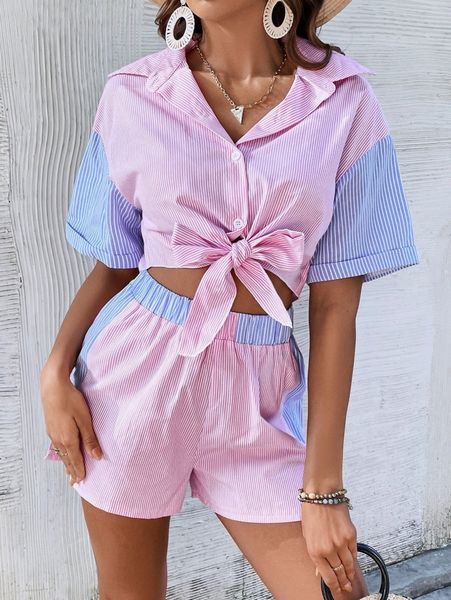 

striped print drop shoulder colorblock blouse & shorts h8gn#, White