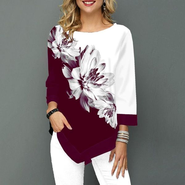 

women's blouses & shirts floral printed women shirt asymmetric hem autumn blouse for woman flower print o neck blusas fashion female c, White