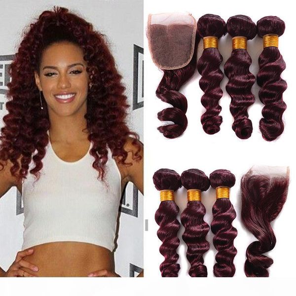 

new mink 99j peruvian loose wave hair with 4x4 closure 3 bundles with lace closure wine red 99j virgin human hair weave, Black;brown