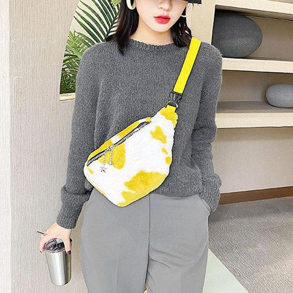 

2020 winter lamb wool ladies waist bag trendy fanny waist pack cute girl casual crossbody chest bag female purse belt banana