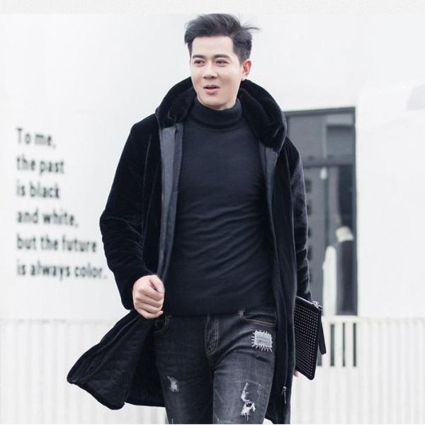 

clobee 2020 winter mens faux fur coat leather jacket with fur hood medium-long warm outerwear imitation overcoat xl747, Black