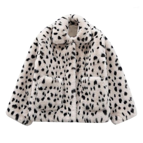 

perhaps u women beige faux fur coat outwear button warm thick turn down collar pocket leopard c03681, Black