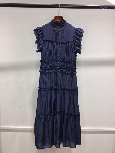 

2020 summer women dark blue / pink midi dress ladies sheer sleeveless single breasted ruffled party draped dress1, Black;gray