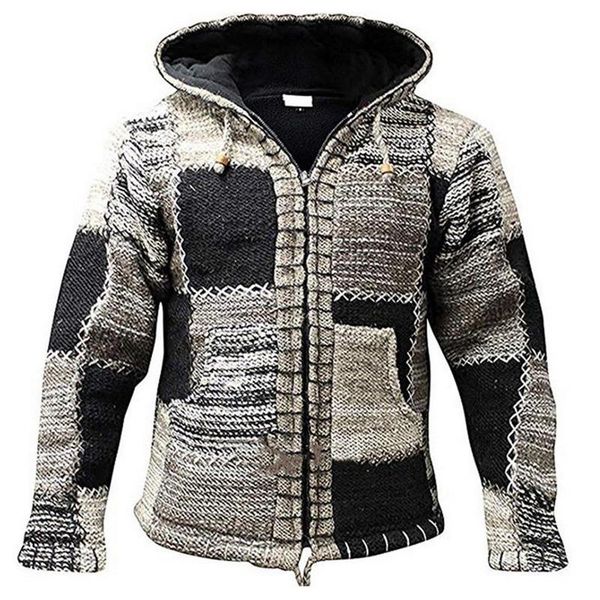 

vintage hooded mens cardigan sweatercoat winter clothes patchwork knitted outwear retro fashion hoodies sweater for men 2020, White;black