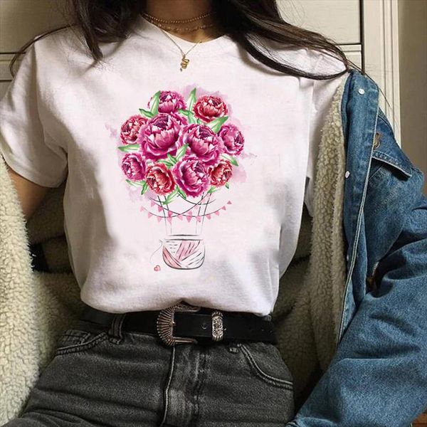 

women clothes lady graphic watercolor office work balloon flower floral print tees female t shirt womens t shirt, White