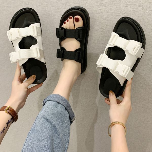 

with small sweet wind 2020 platform sandals web celebrity peep-toe buckles one word female tidal flat platform shoes x1020, Black