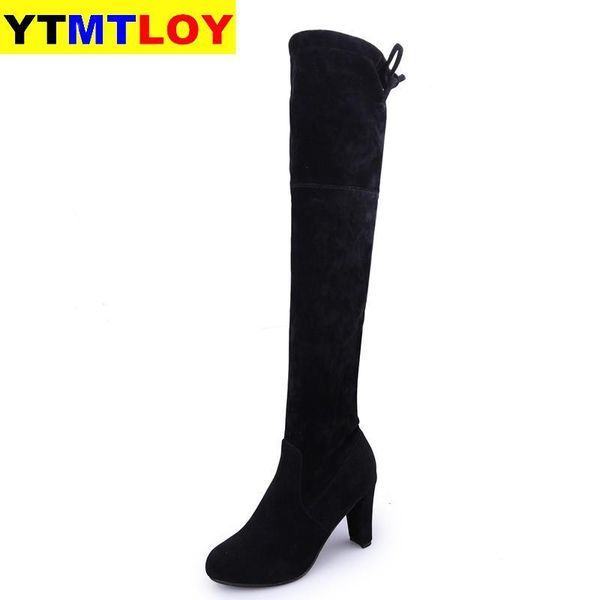 

over the knee boots women red boots new autumn thigh high lace up elastic flock high botas altas female, Black