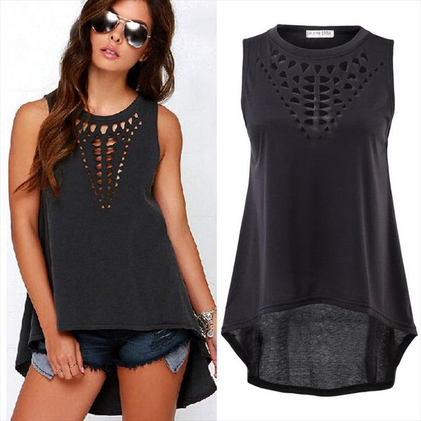 

women casual hollow sleeveless loose summer t shirt drop shipping, White