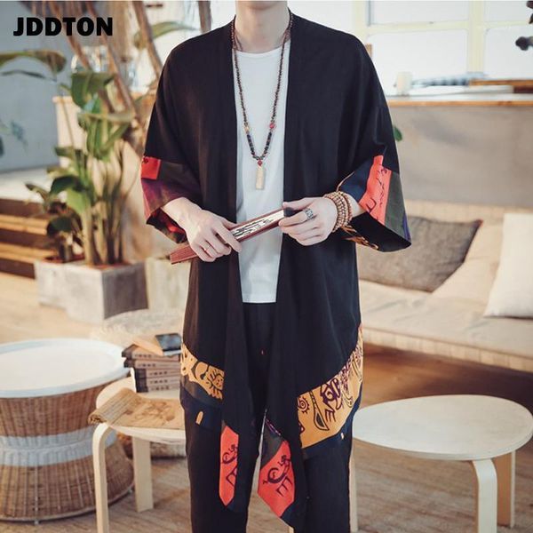 

jddton new men spring kimono linen long cardigan outerwear coat fashion casual loose irregular length male jacket overcoat je0011, Black;brown