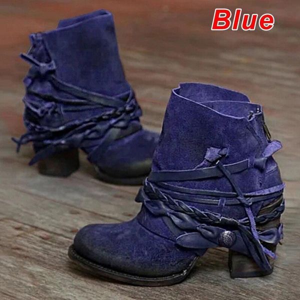 

boots winter bohemian heel womens thick bottom shoes booties round toe retro fringe ankle lace up zipper, Black