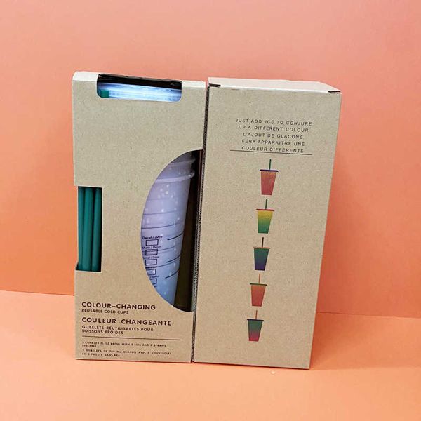 

24oz/710ml starbucks rainbow plastic tumbler reusable clear drinking flat bottom cup pillar shape lid straw mug bardian 4207 q2fjgjfjgjfjgjf