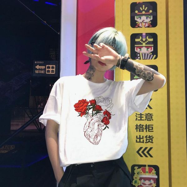 

flower harajuku art aesthetics heart personality print female t-shirt new summer fashion casual o-neck ulzzang women's clothing, White