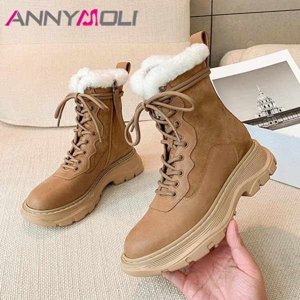

boots annymoli women snow shoes real leather wool fur flats platform ankle zip cross tied warm short winter yellow, Black