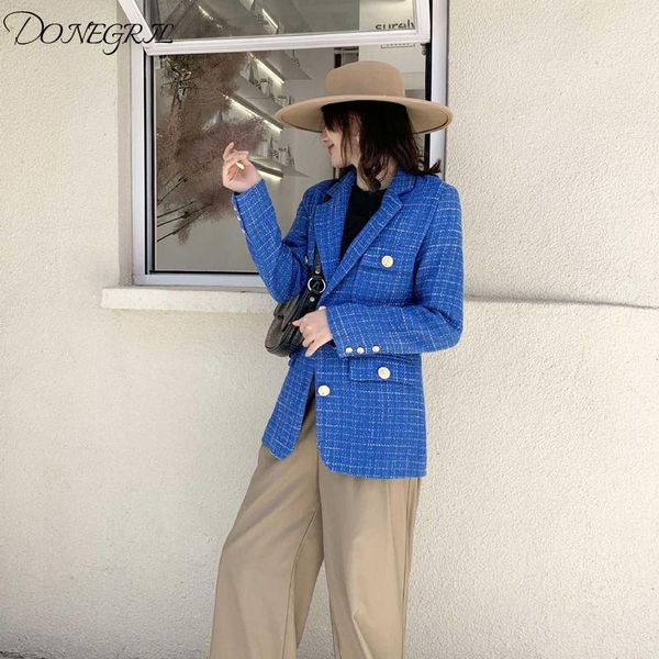 

blue tweed jacket women 2020 new spring autumn korea style plaid long sleeve office lady suit coat mujer femal, Black;brown