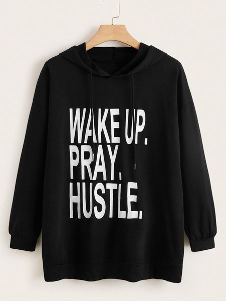 

plus slogan graphic drawstring hoodie i3br#, Black